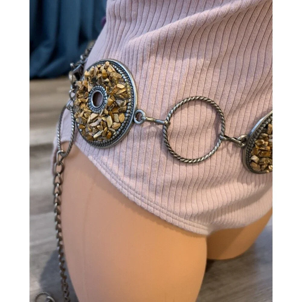 Womens Silver Circle Pebbled Rock Chain Belt Size S